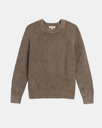 The Demylee Chelsea Washed Cotton Sweater in Bark features a rib knit, crew neck, long sleeves, and a zigzag texture; shown flat against a white background.