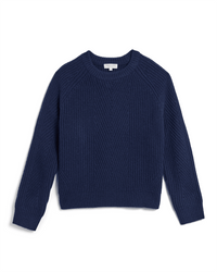 The Demylee Chelsea Wool Sweater in Navy is a long-sleeve, ribbed knit pullover made from soft Merino wool with a crew neckline, shown flat on a white background.