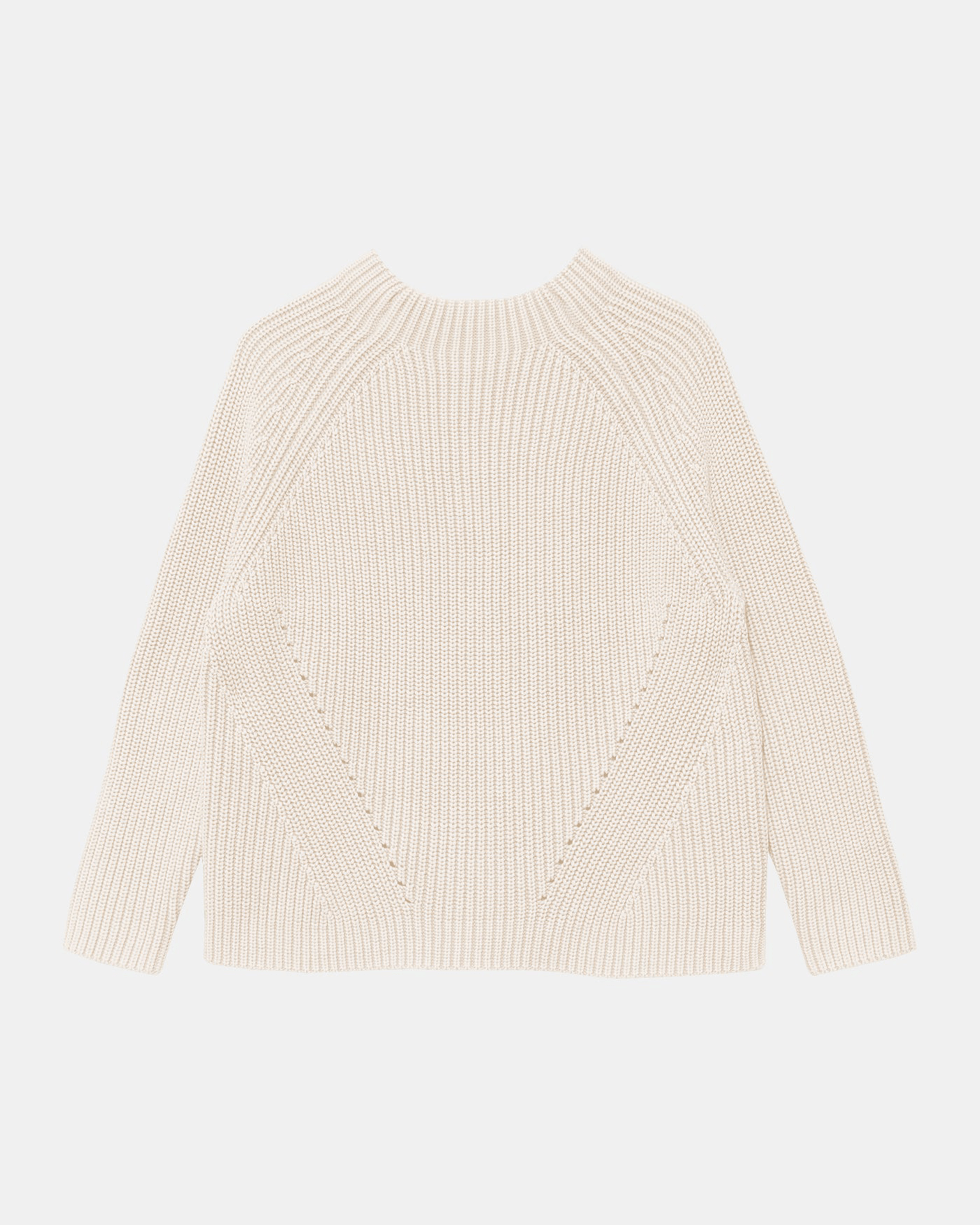 The Demylee Daphne Washed Cotton Sweater in Off White features a boxy fit, long sleeves, ribbed texture, and diagonal side stitch details, shown laid flat on a white background.