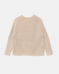 The Demylee Daphne Washed Cotton Sweater in Sandstone features a boxy fit, long sleeves, ribbed details, and a round neckline, crafted from breathable cotton and shown laid flat on a white background.