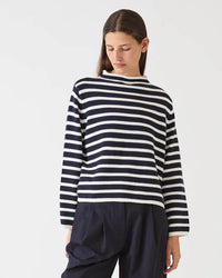 Demylee Dylan Stripe Cotton Sweater in Off White/Navy