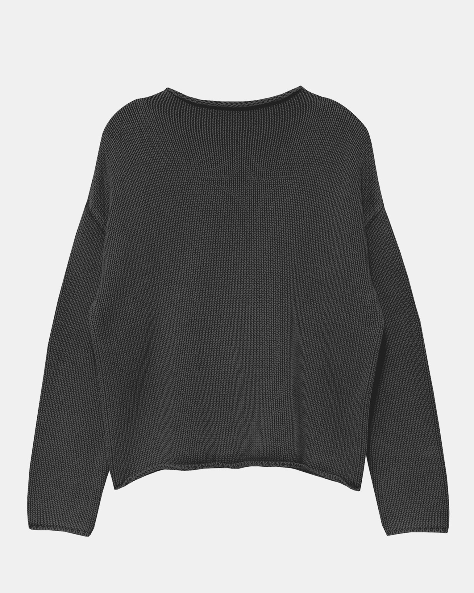 The Demylee Lamis Washed Cotton Sweater in Black, shown back-side on a white background, features a loose fit, long sleeves, and a relaxed, slightly oversized silhouette.