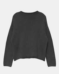 The Demylee Lamis Washed Cotton Sweater in Black, shown back-side on a white background, features a loose fit, long sleeves, and a relaxed, slightly oversized silhouette.