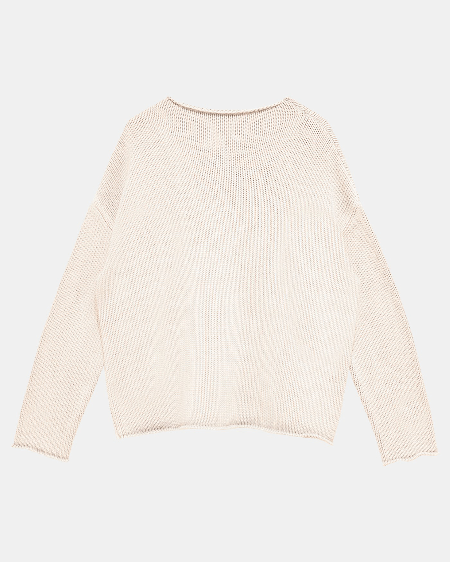 The Lamis Washed Cotton Sweater in Off White by Demylee, a cream-colored, long-sleeve, loose-knit boatneck style, is laid flat on a white background with its back side visible.