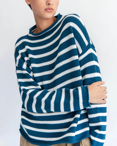 Demylee Lamis Stripe Cotton Sweater in Ocean Blue/Off White