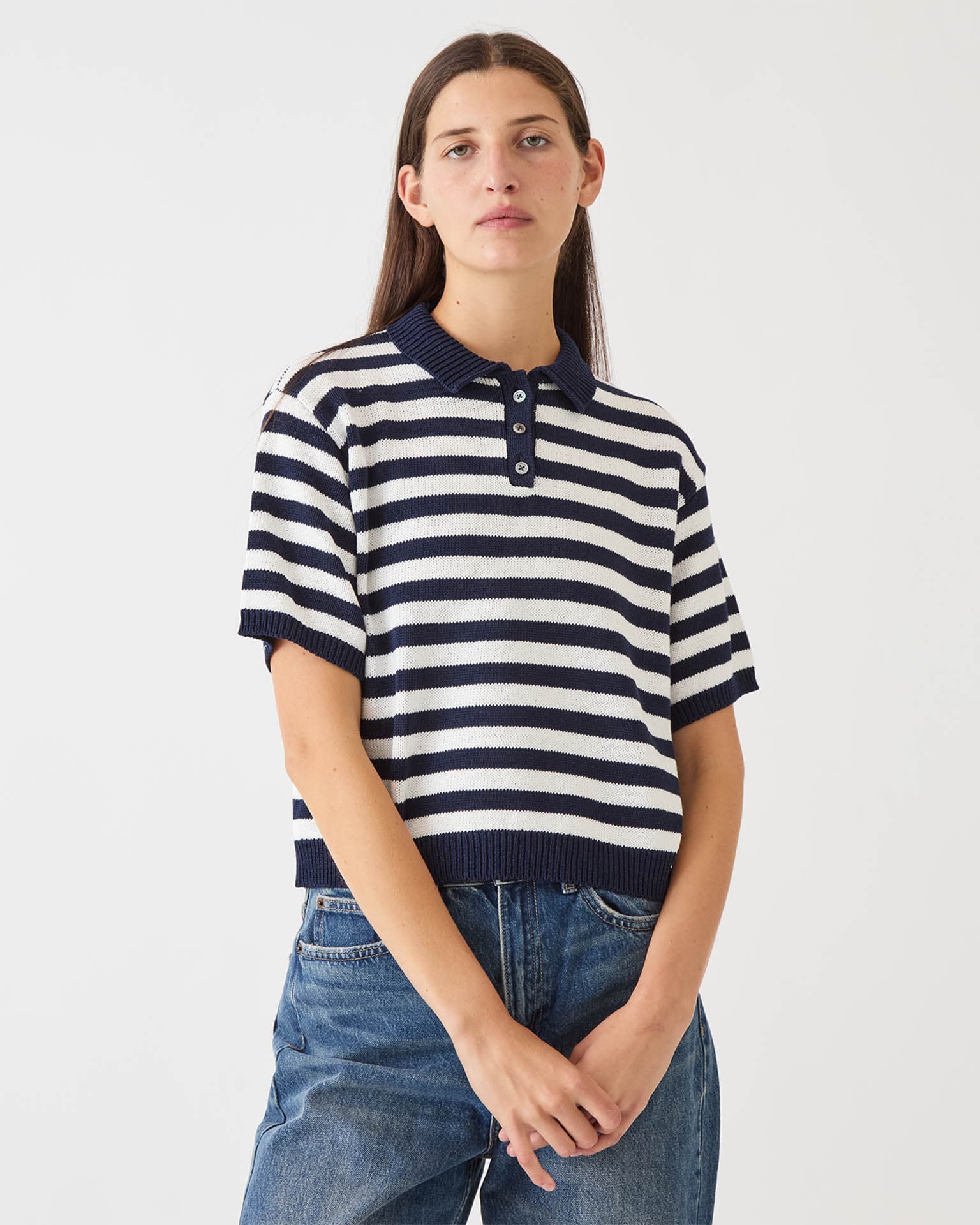 Demylee Luka Stripe Cotton Top in Off White/Navy