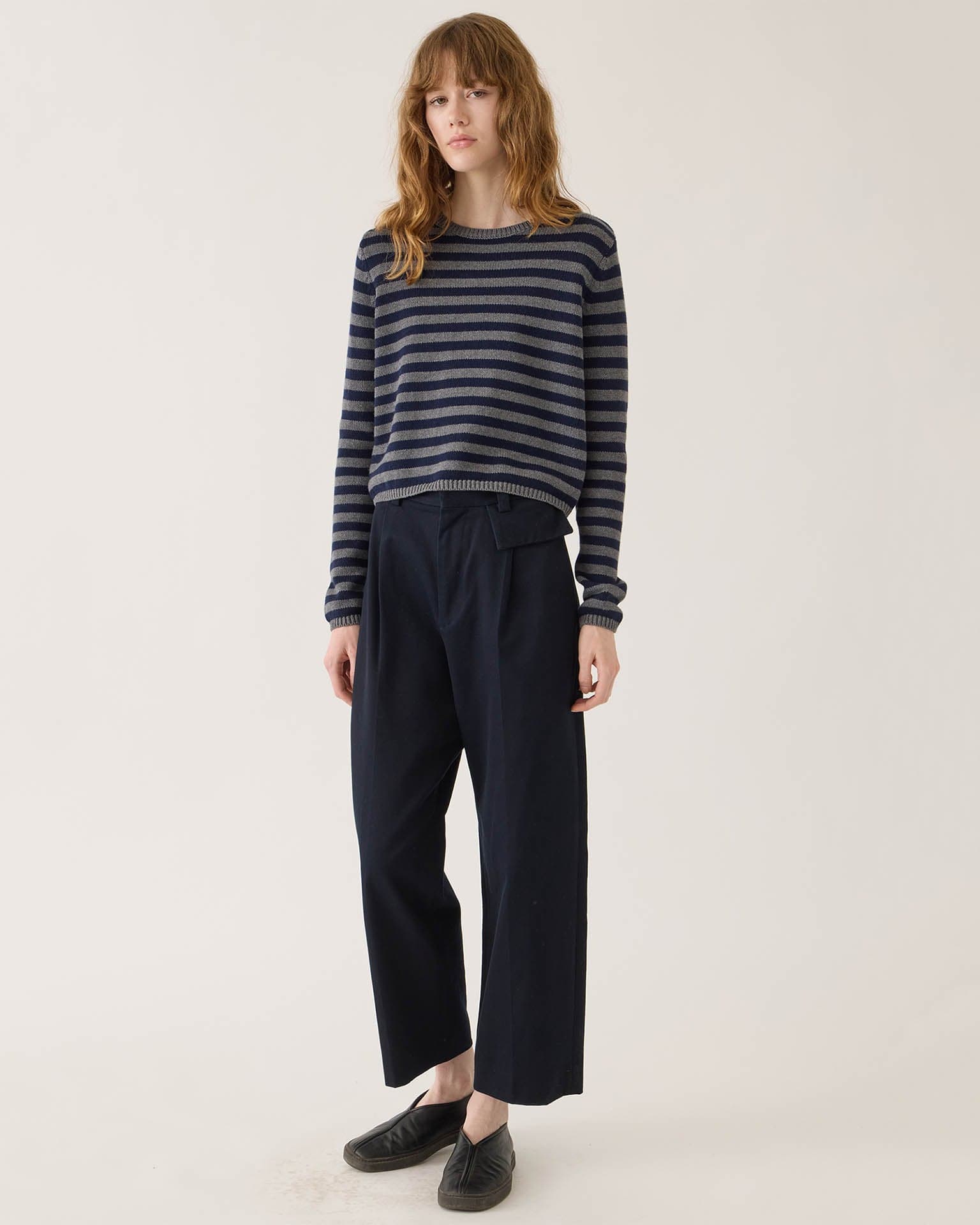 Demylee Melina Stripe Cotton Cashmere Sweater in Dark Heather Grey/Navy