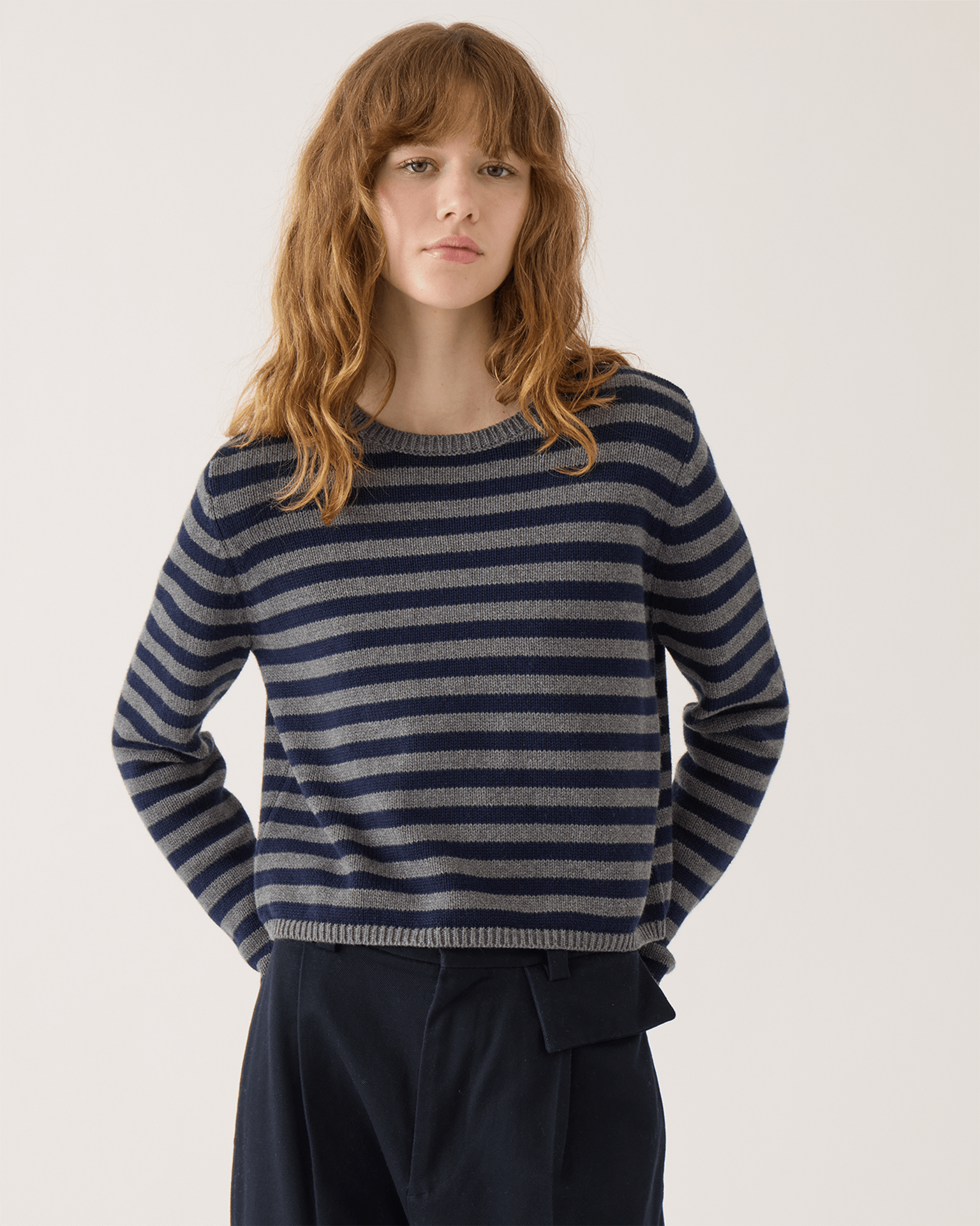Demylee Melina Stripe Cotton Cashmere Sweater in Dark Heather Grey/Navy