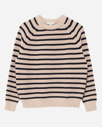 The Demylee Phoebe Stripe Sweater in Natural/Navy features a crew neck, long sleeves, and ribbed cuffs and hem with classic navy stripes, shown laid flat on a white background for a timeless nautical look.