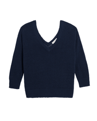 The Demylee Sunny Cotton Linen Sweater in Navy is a cozy v-neck pullover with long sleeves, shown laid flat on a white background.