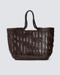 The Dragon Diffusion Window Basket in Dark Brown is a hand-woven bag with two handles and an open, airy weave, shown against a plain light gray background. Inspired by the brand’s signature style.