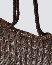 Close-up of the Dragon Diffusion Window Shopper in Dark Brown, highlighting its braided handle and small metallic snap closure, set against a plain light gray background.