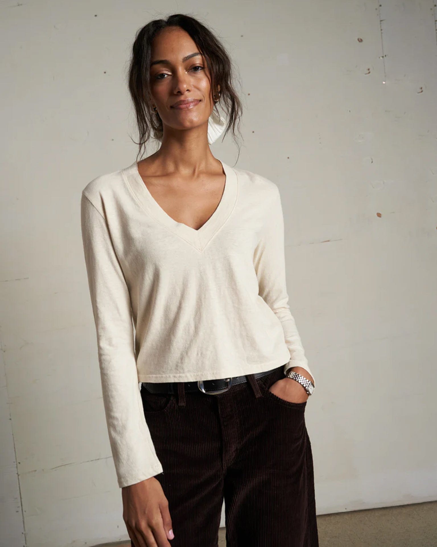 Fiona L/S Recycled V Neck in Sugar