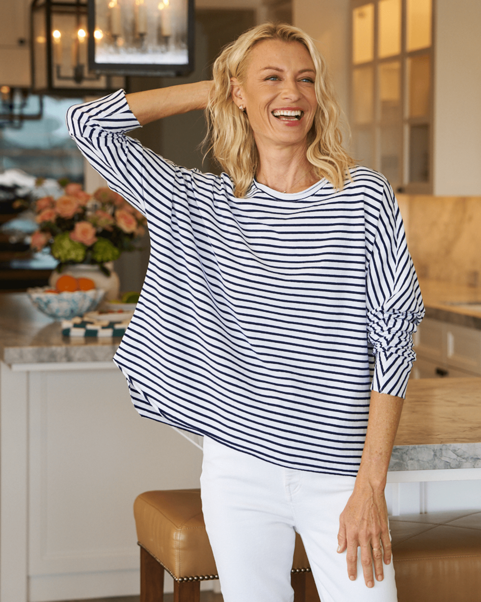 Frank & Eileen Anna Long Sleeve Capelet in White & British Royal Navy - Heritage Jersey