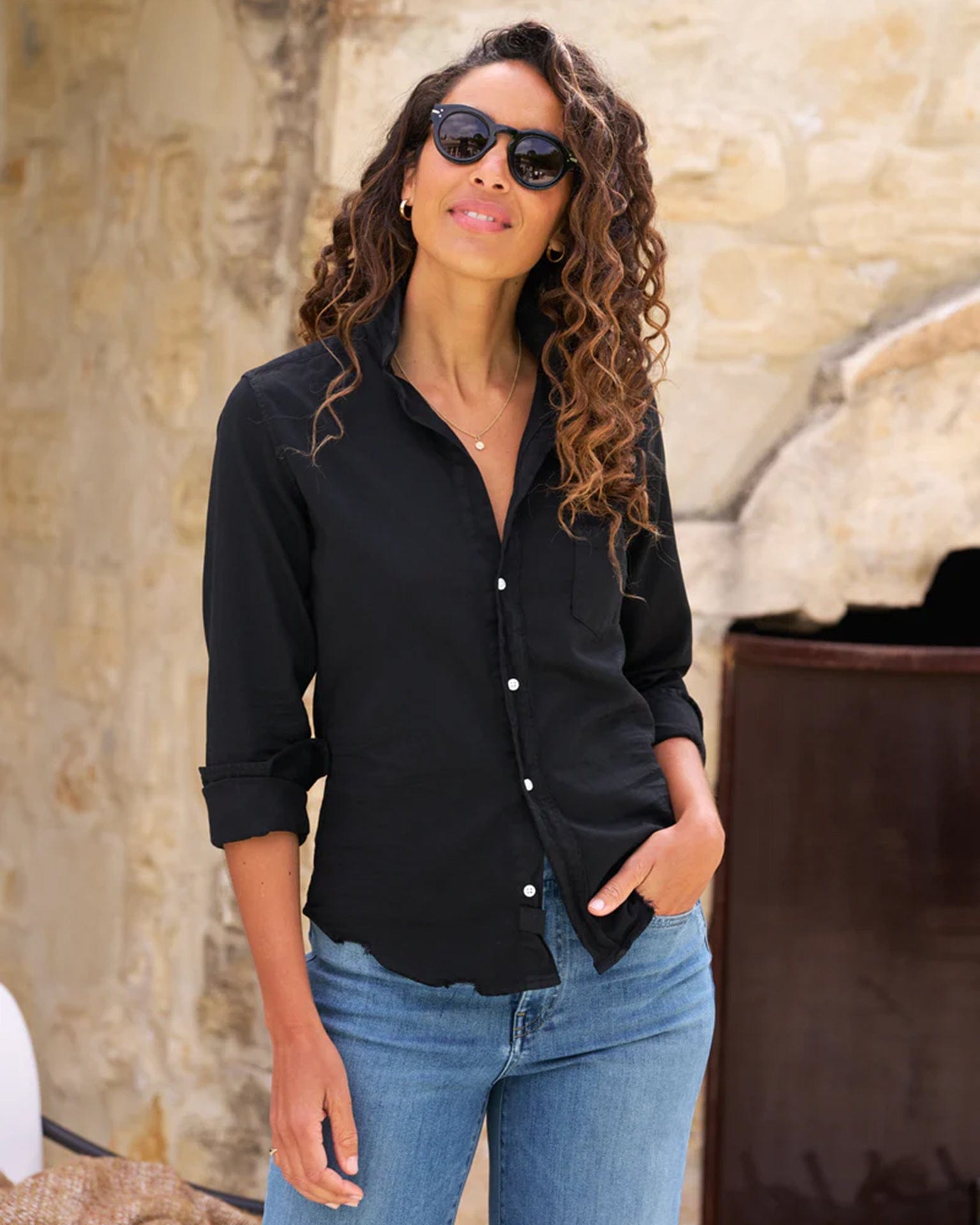 Barry Button Down in Black Distressed Famous Denim