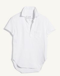 The Charlotte S/S Polo in White by Frank & Eileen features short sleeves, a front pocket with signature label, curved raw hem, and open V-neck placket. Made from soft 100% cotton jersey for all-day comfort.