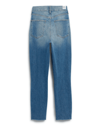 Back view of Frank & Eileen's Derry Pant in 2001 Classic Blue Wash, made from Italian Dream Denim, features two back pockets, raw hems, a faded effect, and a small white waistband label.