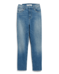 The Derry Pant in 2001 Classic Blue Wash by Frank & Eileen features a slim straight fit, five pockets, raw hem, belt loops, and a visible white Frank label. The jeans are shown laid flat on a white background.