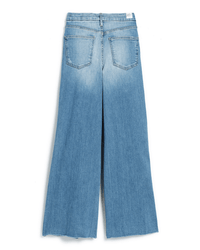 A pair of Frank & Eileen East Galway Long Gaucho jeans in 1972 Light Wash Indigo, seen from the back with two back pockets and a raw, unfinished hem.