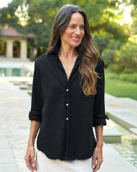 Eileen Relaxed Button Down in Black Distressed Famous Denim - Bliss Boutiques