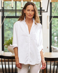 Eileen Relaxed Button Down in White Distressed Famous Denim - Bliss Boutiques