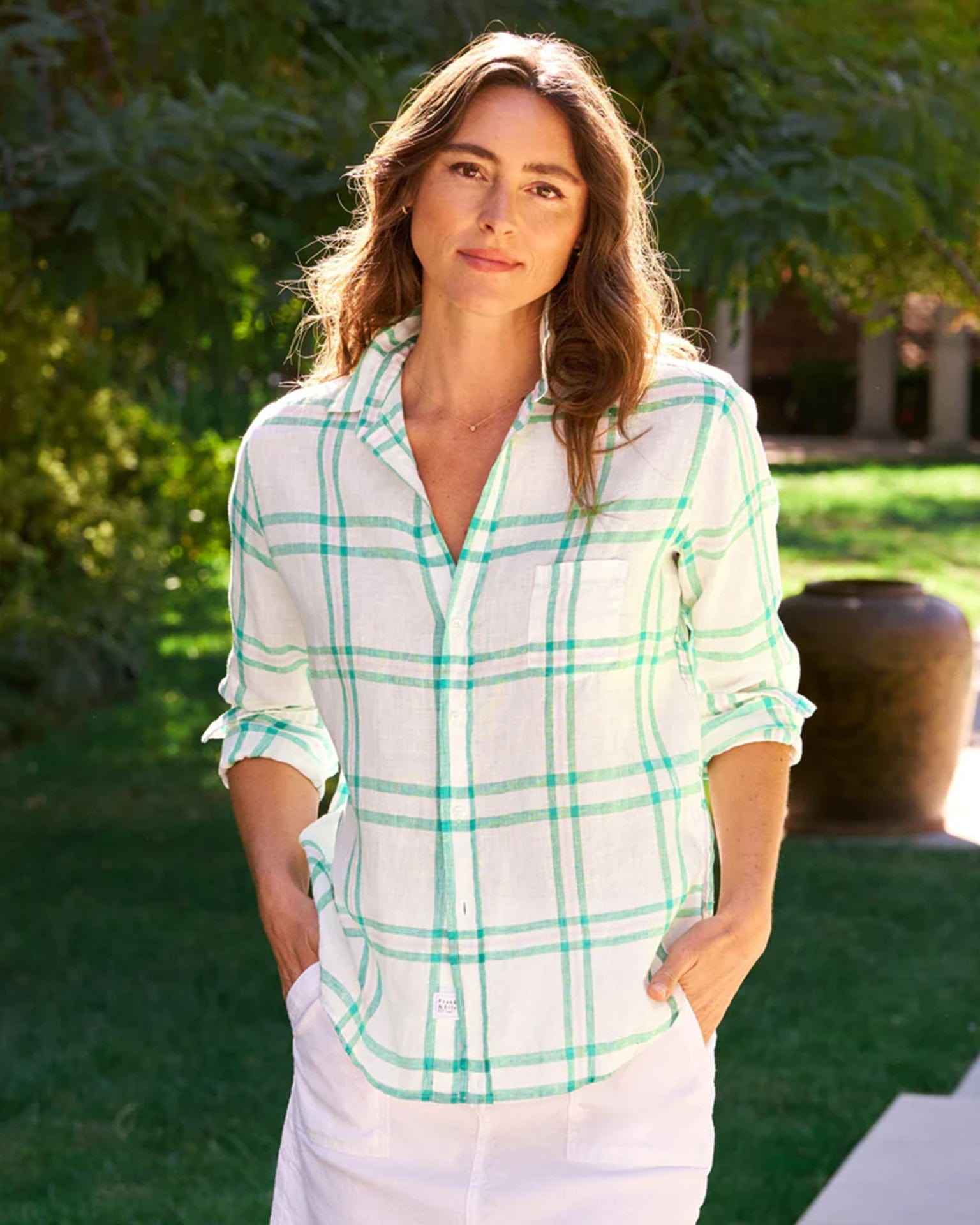 Frank & Eileen Eileen Relaxed Button Up in Green, Light Pink Plaid