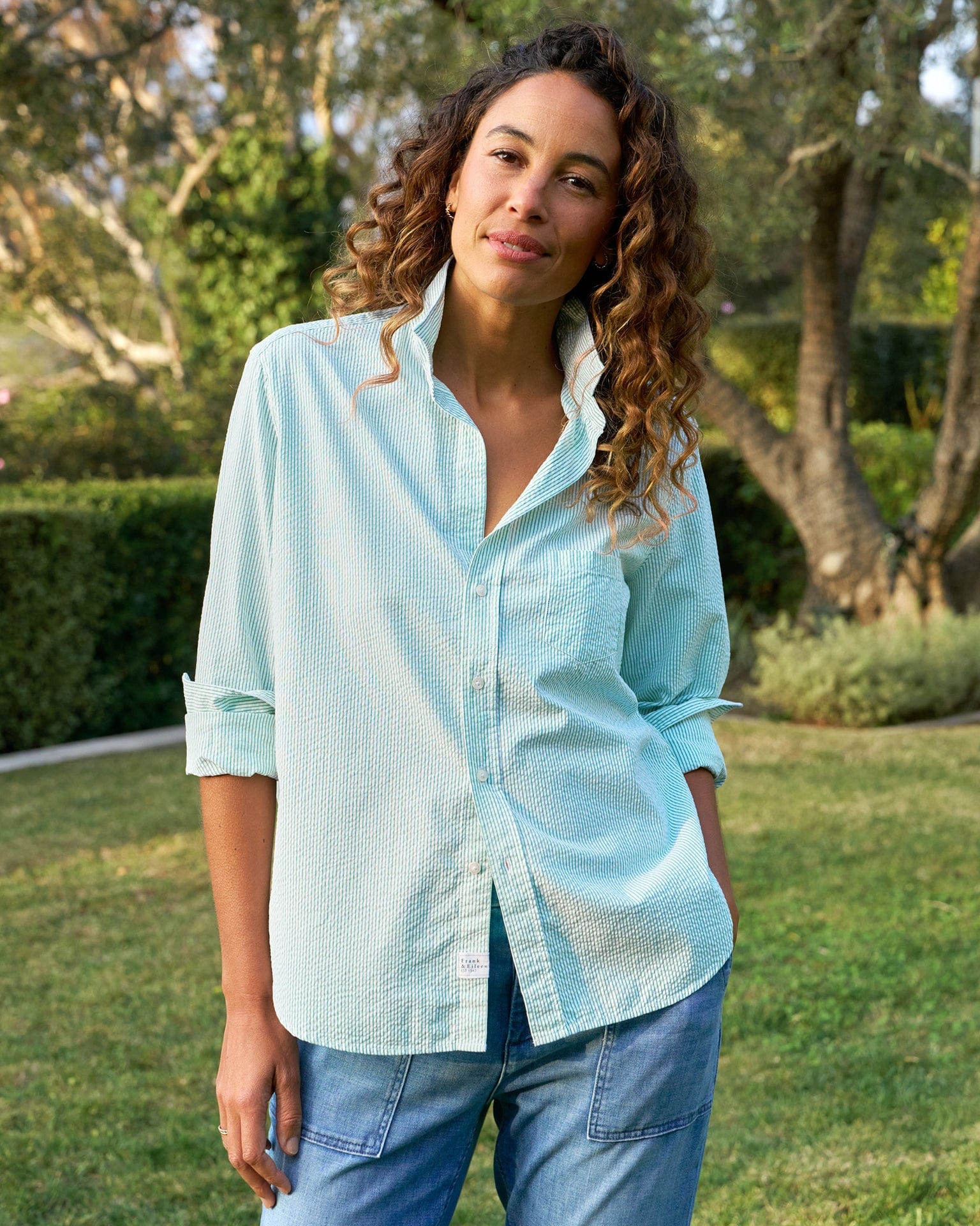 Frank & Eileen Eileen Relaxed Button Up in Green Stripe