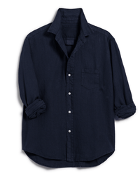 The Frank & Eileen Eileen Relaxed Button-Up in Navy Linen is a long-sleeve shirt with a chest pocket and rolled-up sleeves, shown flat against a white background.