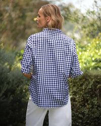 Frank & Eileen Eileen Relaxed Button-Up Shirt in Navy Blue Check 3 - Bliss Boutiques