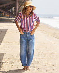 Frank & Eileen Eileen Relaxed Button-Up Shirt in Red Blue Cream Stripe 2 - Bliss Boutiques