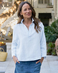 Frank & Eileen Gabi Popover Linen Shirt in French Blue 1 - Bliss Boutiques