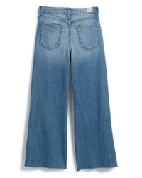Back view of Frank & Eileen's Galway Gaucho in 1972 Light Wash Indigo—wide-leg jeans with raw hems and two back pockets—displayed flat on a white background.