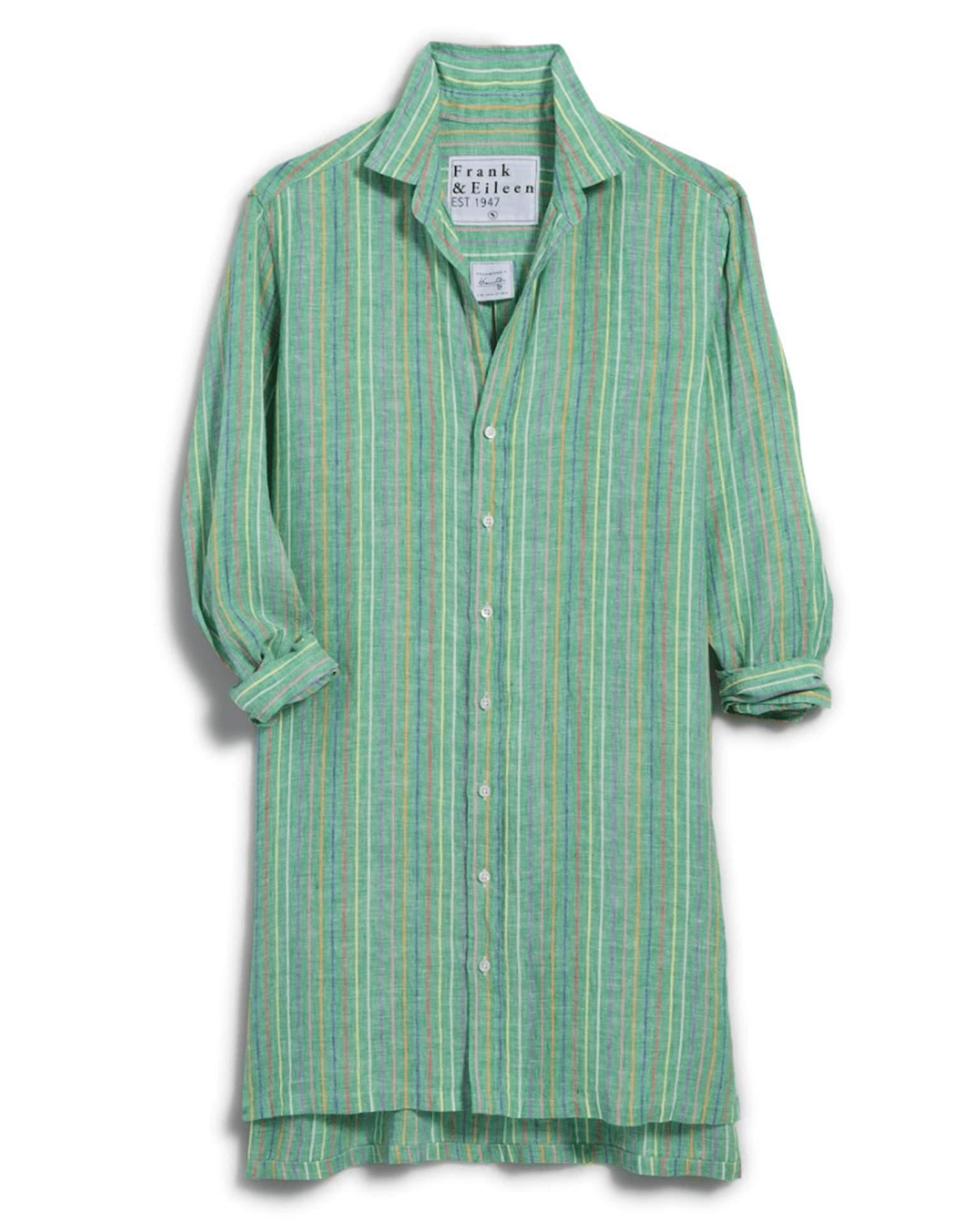 Frank & Eileen Hunter Step Hem Shirtdress in Green w/ Yellow, Blue Stripes