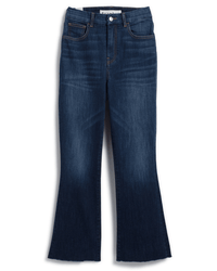 Frank & Eileen's Killian Crop Flare Jean in 2003 Medium Wash features a high-rise fit, flared cropped leg, slight thigh fading, front and back pockets, button closure, and raw unfinished hems.