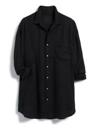 The Frank & Eileen Mackenzie in Black Performance Linen is a long-sleeve button-up shirt with a collar and single chest pocket, shown with rolled sleeves against a white background.