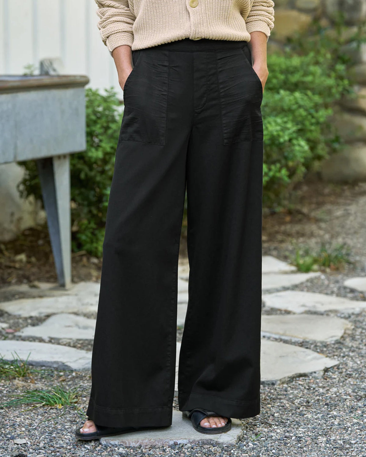 Madeline Patch Pocket Pull-On Pant in Black Distressed Famous Denim