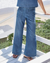 Frank & Eileen Madeline Patch Pocket Pull On Pant in Distressed Indigo Washed Denim 1 - Bliss Boutiques
