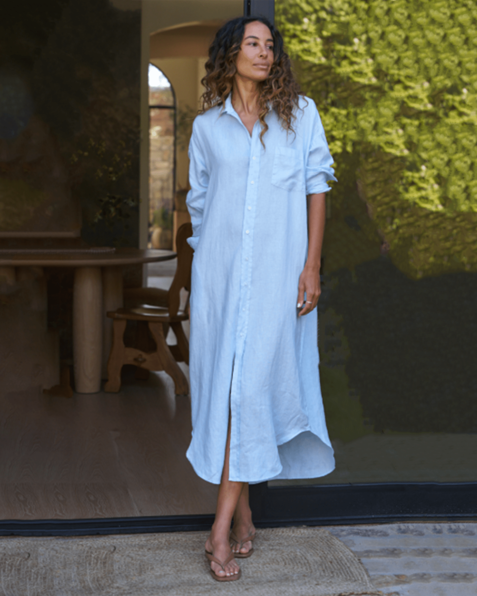 Frank & Eileen Megan One-Size Button-Up Linen Dress in French Blue
