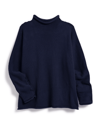 The Frank & Eileen Monterey Sweater in Navy is a loose-fit, long-sleeve funnel neck sweater with a mock turtleneck collar and a simple, unembellished design, shown laid flat on a white background.