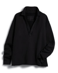 The Patrick Popover Henley in Black French Terry by Frank & Eileen is a long-sleeve pullover shirt with a wide open collar and raw-edged cuffs and hem, shown laid flat on a white background.
