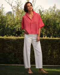 Frank & Eileen Rosie Short Sleeve Button Up in Red Linen 2 - Bliss Boutiques