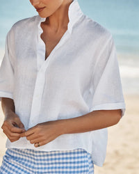 Frank & Eileen Rosie Short Sleeve Button Up in White Linen 2 - Bliss Boutiques
