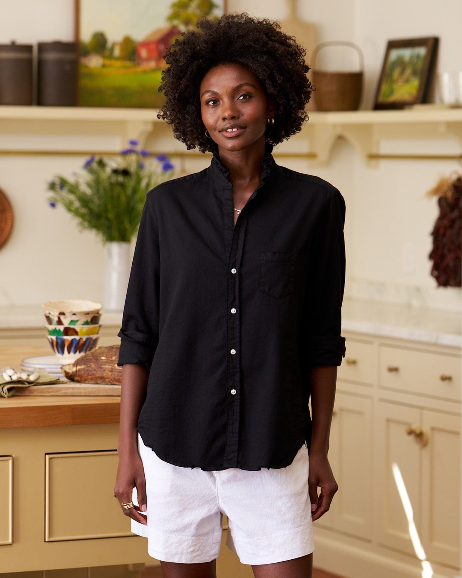 Ruffle Eileen Button Up in Black Distressed Famous Denim