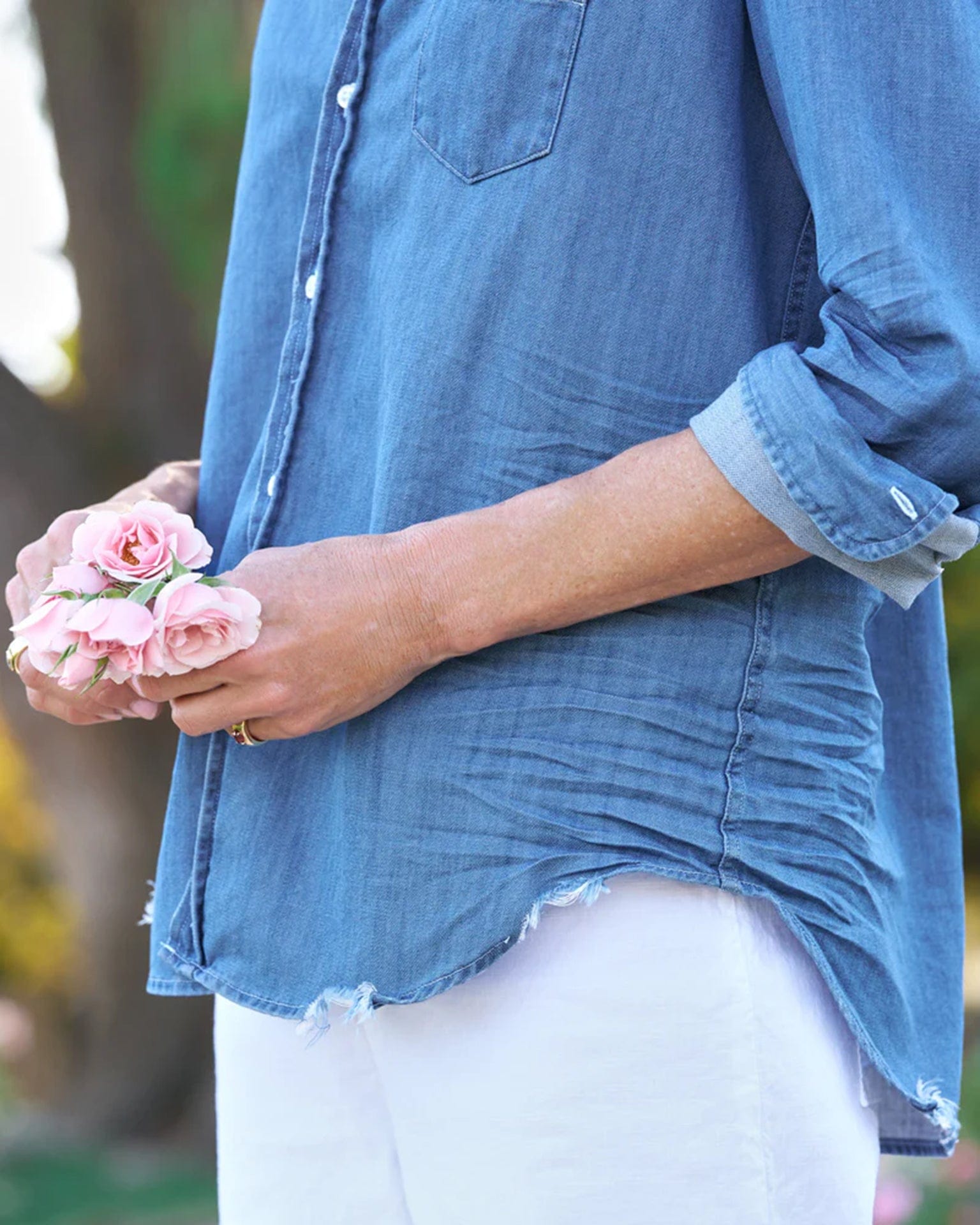 Frank & Eileen Ruffle Eileen Relaxed Button Up in Vintage Stonewashed Indigo