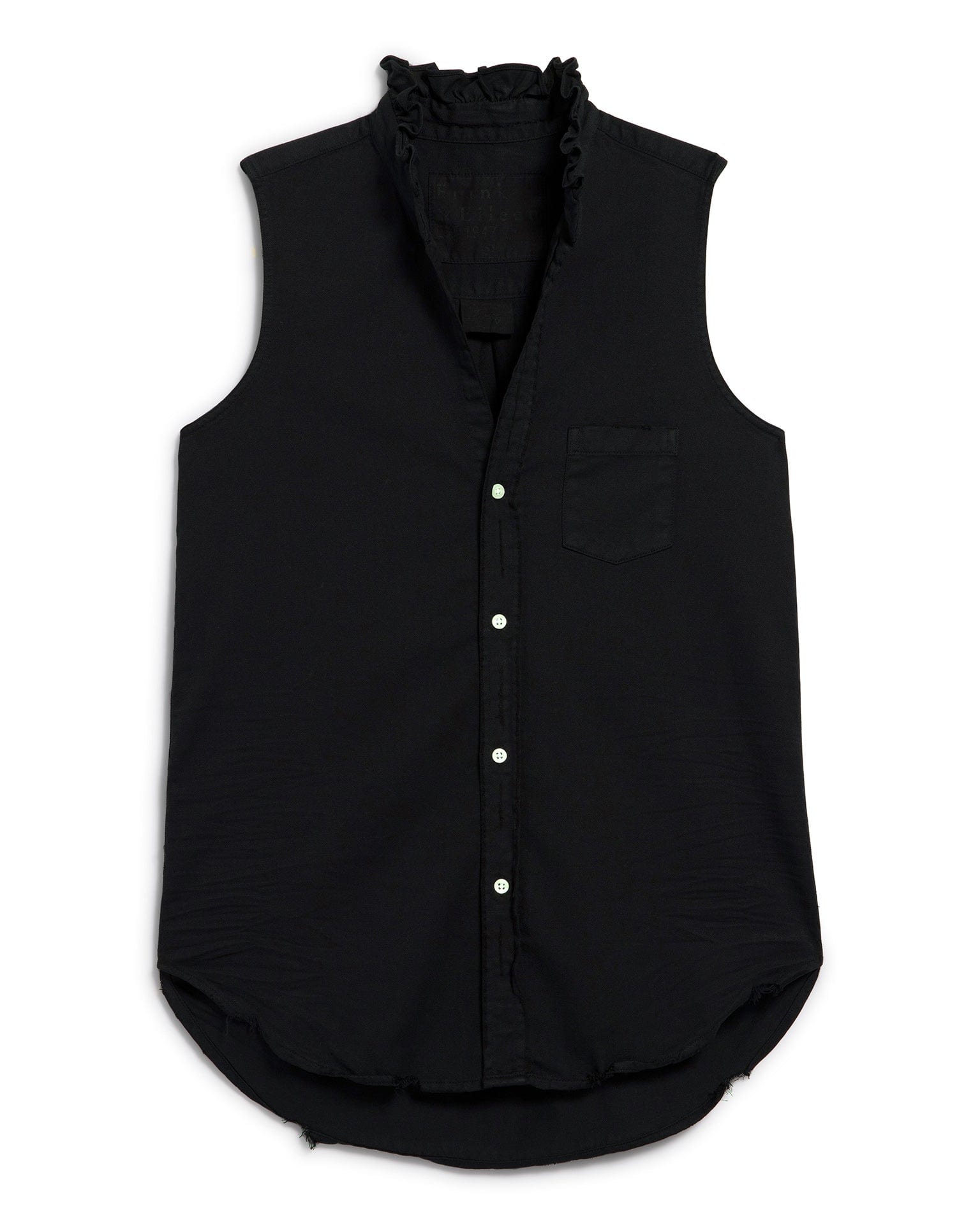 Frank & Eileen Ruffle Fiona Sleeveless Button Up Shirt in Black Distressed Famous Denim