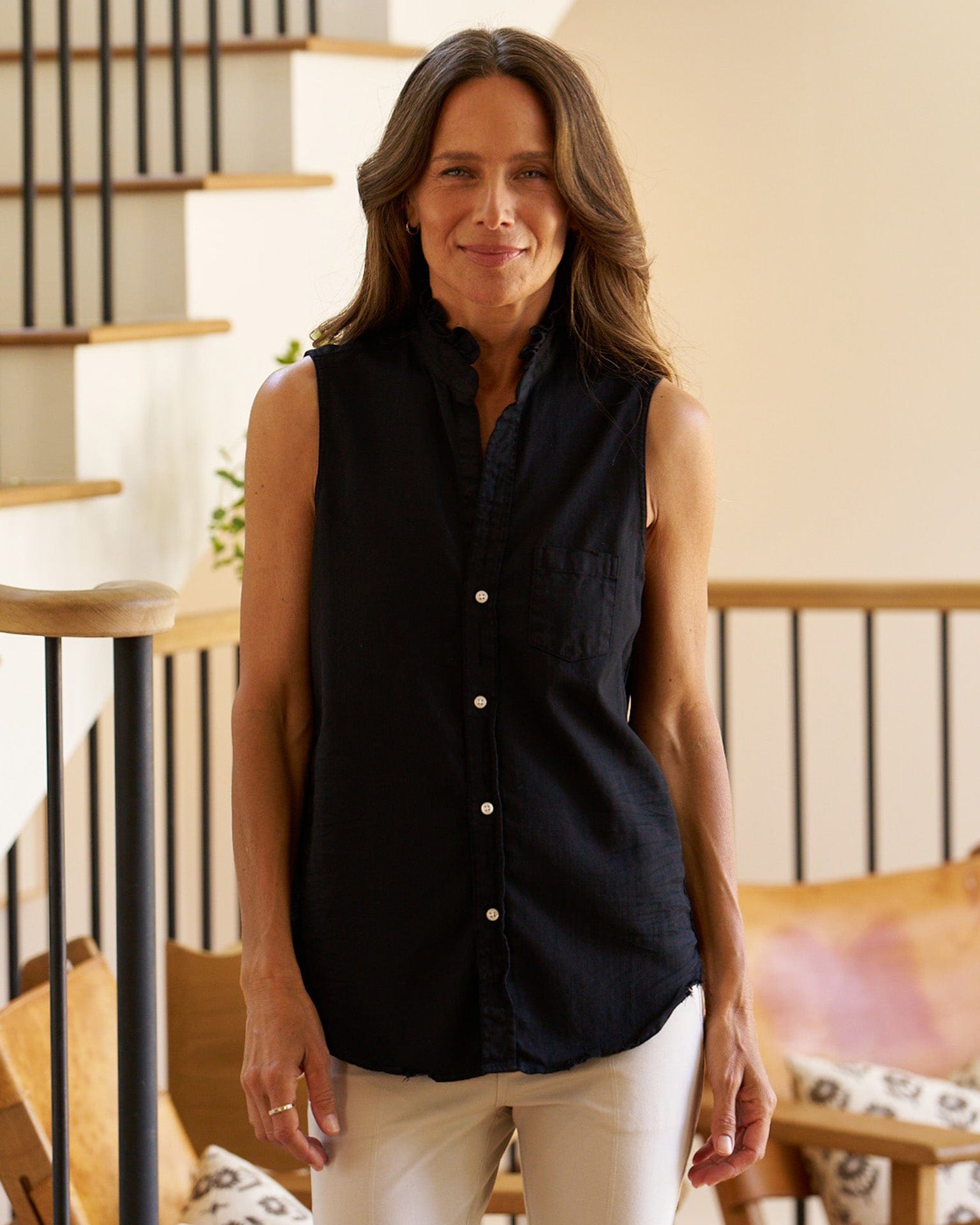 Frank & Eileen Ruffle Fiona Sleeveless Button Up Shirt in Black Distressed Famous Denim