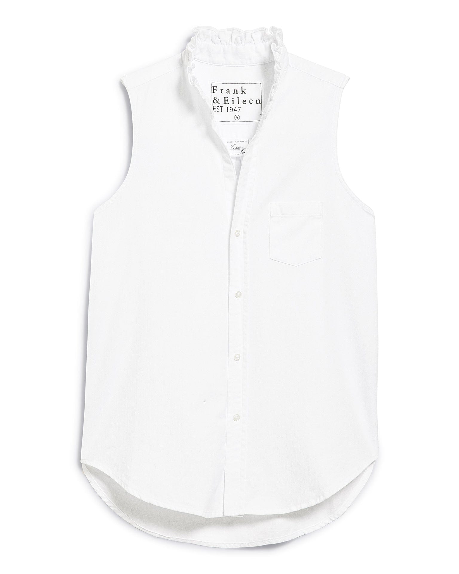 Frank & Eileen Ruffle Fiona Sleeveless Button Up Shirt in White Distressed Famous Denim