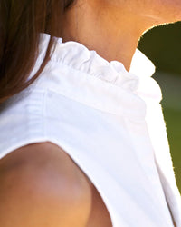 Frank & Eileen Ruffle Fiona Sleeveless Button Up Shirt in White Distressed Famous Denim