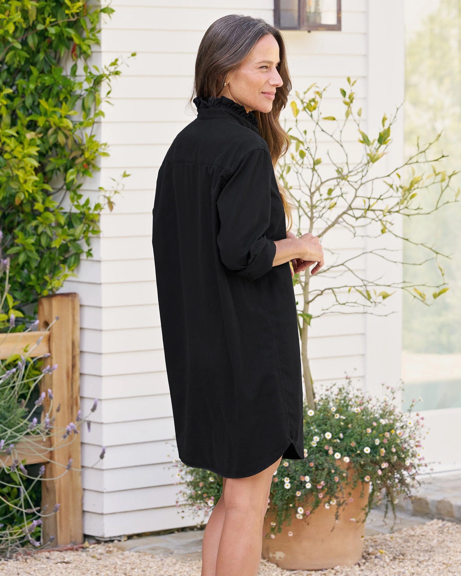 Frank & Eileen Ruffle Mary Classic Shirtdress in Black Distressed Famous Denim