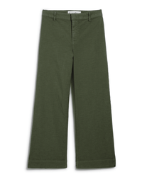 The Wexford Trouser in Hunter Green Linen by Frank & Eileen features a high waist, wide-leg silhouette, belt loops, and a front zipper with button closure, crafted from Italian Performance Linen and shown laid flat on a white background.
